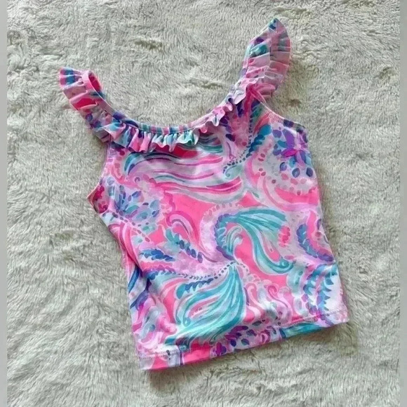 Lilly Pulitzer Kinsey Girls Swimsuit Top in Prosecco Pink Size 5 Ruffle Tankini - Picture 1 of 3
